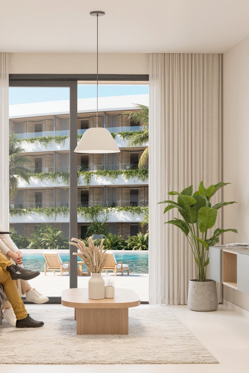 Modern luxury condo interior with Caribbean view